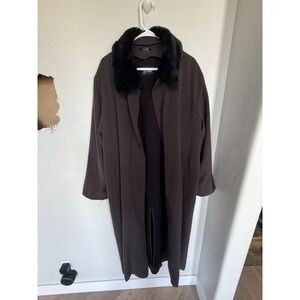 Carol Cohen Collectibles Brown Trench Coat Faux Fur Collar Removable Liner 14